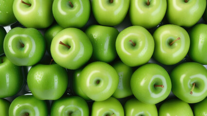 Fresh green apples with drops of water. Juicy green fruits. Ripe fruits, harvesting. Banner ad concept. Selective focus