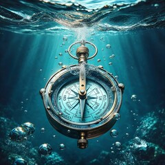 Compass plunging into crystal clear water. Generative AI.