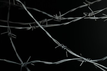Metal barbed wire on black background, closeup