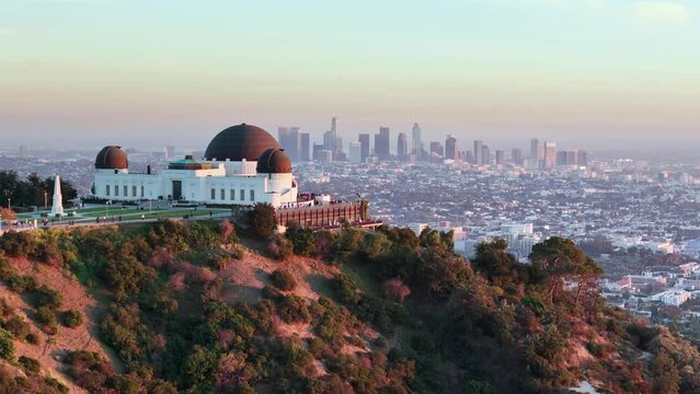 Aerial drone Los Angeles. Griffith Observatory at sunset. Los Angeles landscape. California landmark, travel destination in America.
