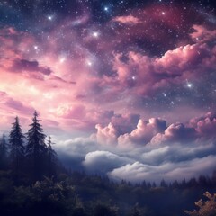 Fantasy landscape with starry night sky and pink clouds