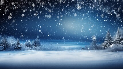 A winter wonderland of snow-covered trees and a frozen lake at night