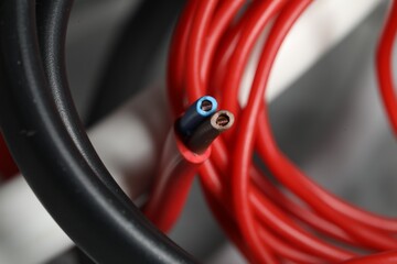 Colorful electrical wire on blurred background, closeup