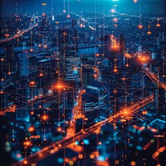 A digital painting of a futuristic city at night with glowing orange and blue lights