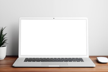 notebook laptop white screen mockup and stuff on white tabletop