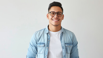 smiling man wearing glasses, a light blue denim jacket, and a white shirt, standing against a plain light background.