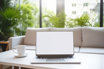 mockup notebook laptop with empty blank screen on a modern coffee table in comfortable living room