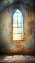 stained glass window in abandoned church