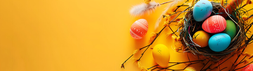 Colorful Eggs Nestled in Nest - obrazy, fototapety, plakaty