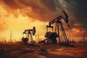 Oil drilling derricks at desert oilfield. Crude oil production from the ground