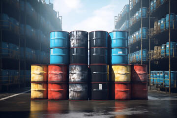 Industry oil barrels or chemical drums stacked up. Chemical container of barrels of hydrocarbons. Hazardous waste of black and blue tank oil