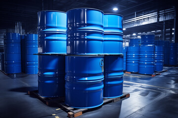 metal barrels of blue color or chemical drums stacked up, blue tank oil barrels
