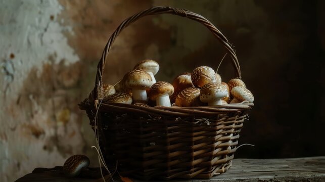 Fresh mushrooms in rustic basket, a wholesome harvest