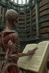 A skeleton is reading a book in a library.