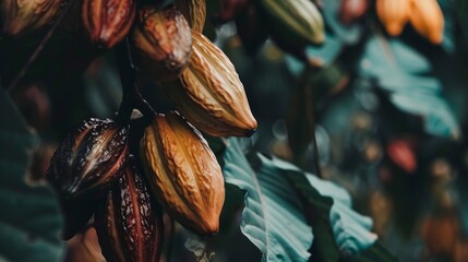 Macro view of a cocoa tree with fruit and leaves