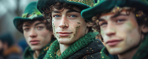 Handsome Irish guys in green costumes and hats with paint on faces on St Patrick day. Young men taking part in national feast celebration.