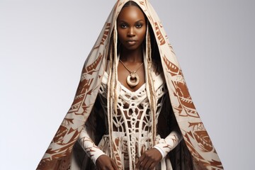 portrait of a black woman wearing a brown and white patterned headscarf and dress