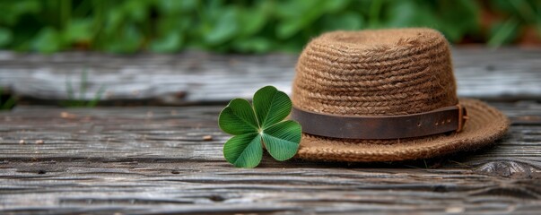 Four-leaf clover and wicker men hat on old wooden table. St Patrick holiday symbols on boards outdoors. Traditional Irish fest in spring.