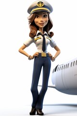 A beautiful cartoon pilot girl standing in front of a plane