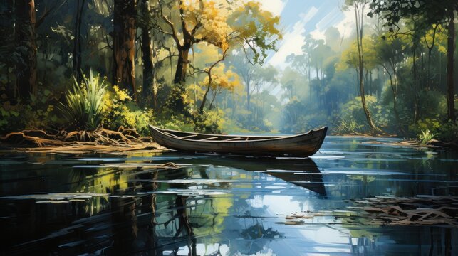 boat on the lake in the forest.