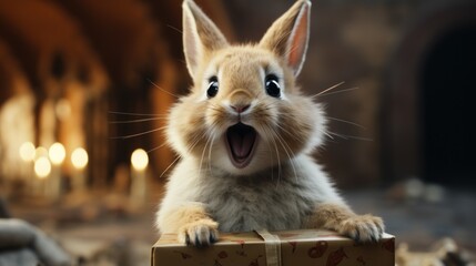 Obraz premium Cute little rabbit with gift box on blurred background, closeup