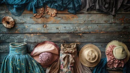 Classic Vibes: Retro Fashion Flatlay with Vintage Clothing Items on Wooden Surface. - obrazy, fototapety, plakaty