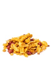 Closeup of Chanchur or Bombay Mix Namkeen Heap Isolate on White Background with Copy Space in Vertical Orientation, Indian Tea Time Snack Food