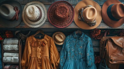 Rustic Glamour: Capturing Timeless Retro Fashion in a Vintage-inspired Flatlay. - obrazy, fototapety, plakaty