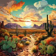 Gordijnen Desert landscape with cacti and mountains at sunset © Molostock