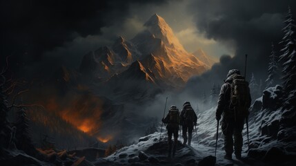Fantasy landscape with silhouettes of soldiers on the background of mountains - obrazy, fototapety, plakaty