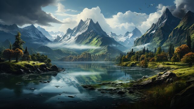 Fantasy Landscape with lake and mountains