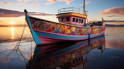 Fototapeta na wymiar Fishing boat in the sea at sunset. Colorful painting on the boat.