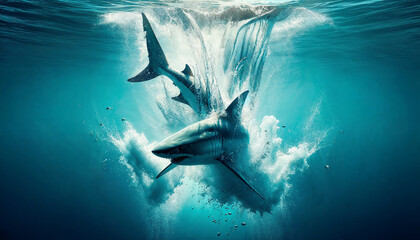 Shark plunging into crystal clear water. Generative Ai.