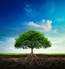 Vibrant Tree with Exposed Roots Against Blue Sky. Generative ai - obrazy, fototapety, plakaty