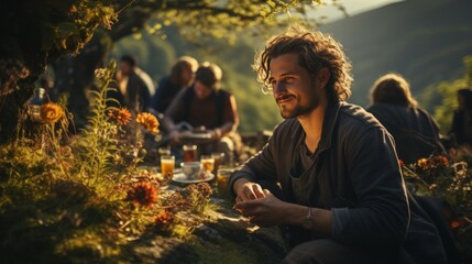 Young man having a picnic in the mountains with friends in the background