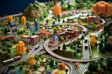 Small model city with green trees and roads