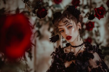 woman in a black lace dress, choker necklace and black dangle earrings with bold make up, red lipstick and red roses all around her. 