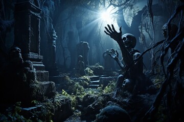 Spooky Graveyard with Zombies - obrazy, fototapety, plakaty