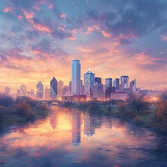 A colorful sunset over a city skyline with a river in front