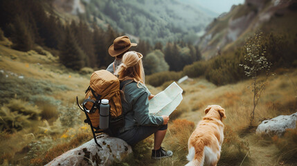 young woman and a young man in a hat look at a tourist route map while sitting on a stone in a mountain valley Hiking with a dog Active lifestyle - Powered by Adobe