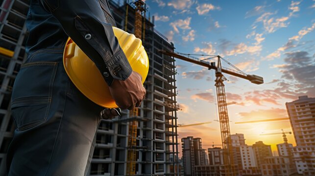 Silhouette Crane lifts weight against backdrop of new highrise residential complexes and construction cranes in the evening sunset overcast sky. Engineer carrying yellow helmet for workers security