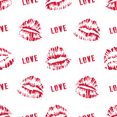 Red female lips imprint kiss with text Love. Seamless pattern. Glamour background. Vector illustration on white