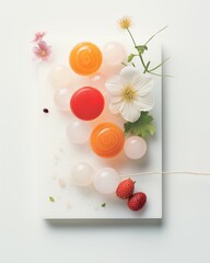 Culinary Aesthetics: Sculpted Jelly and Candied Fruit Composition on Pristine Plate
