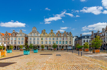 Flemish-Baroque-style townhouses buildings on La Grand Place square in Arras historical city...