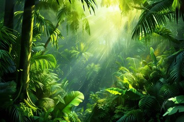 Sunlight shining through the lush green leaves of a tropical rainforest