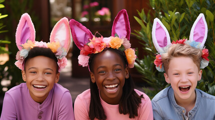 Funny kids wearing funny bunny easter eggs suits: Fun-Filled Easter Wonderland Photo Shoot! AI Generative.
