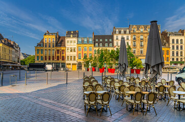 Lille cityscape with La Grand Place square in city center, Flemish mannerist architecture style...