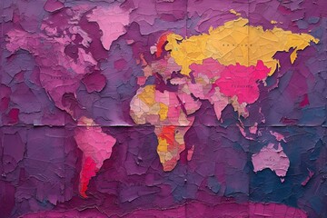 Colorful world map with cracked paint texture