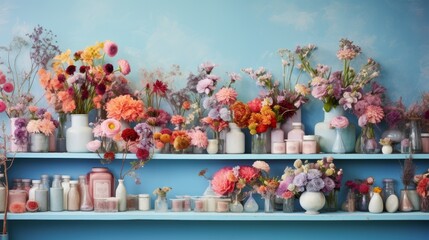 An Assortment of Colorful Flowers in Vases on a Blue Shelf