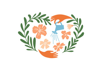 Grow inner garden, self care, cultivate love, mental health, wellbeing, wellness concept. Human hand irrigate blossom floral heart shape by watering can. Flower lover, spring time. Vector illustration